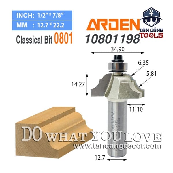 Mũi Router Arden Đánh Chỉ Cổ Điển 14.27 x 34.9 mm Cốt 12.7 mm Arden 0801