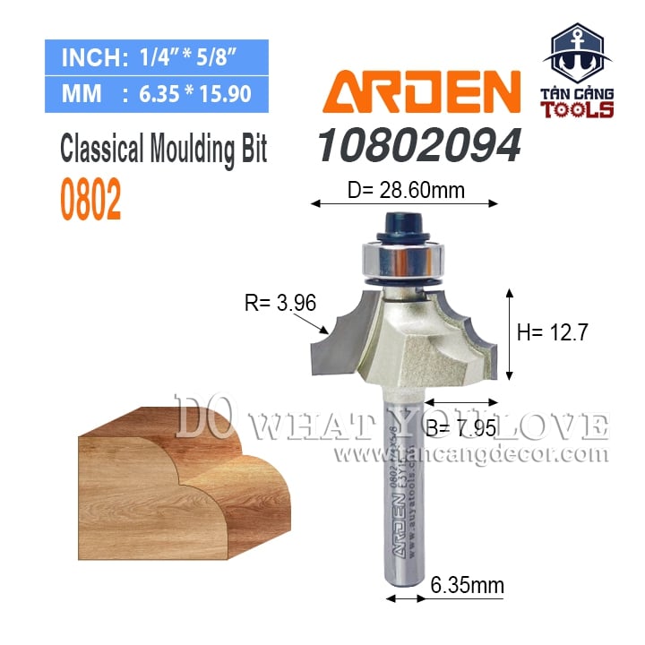 Mũi Router Arden Đánh Chỉ Cổ Điển 12.7 x 28.6 mm Cốt 6.35 mm Arden 0802
