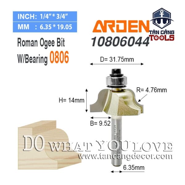 Mũi Router Arden Đánh Chỉ Cổ Điển 14 x 31.75 mm Cốt 6.35 mm Arden 0806