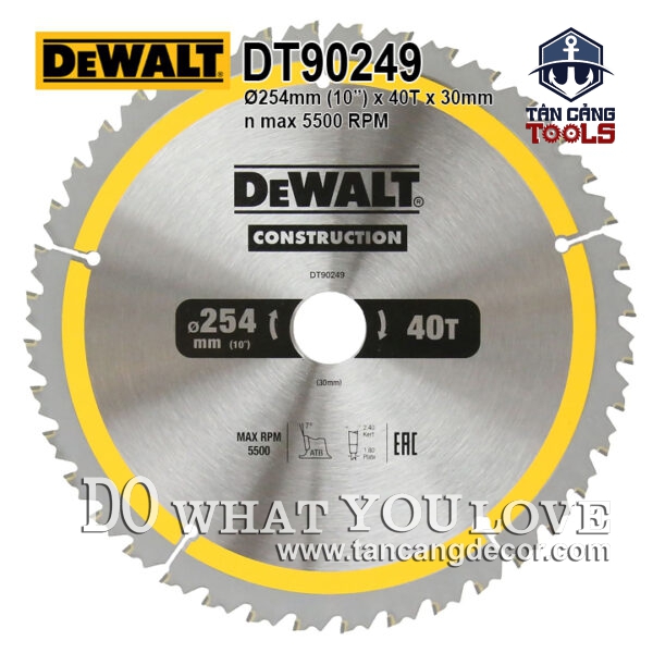 Lưỡi Cưa Gỗ Hợp Kim 254 x 30 mm x 40 T DeWalt DT90249 ( Kèm 3 Vòng Đệm )