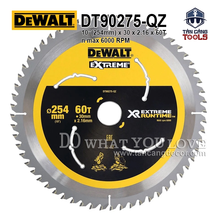 Lưỡi Cưa Gỗ Hợp Kim 254 x 30 mm x 60 T DeWalt DT90275 ( Kèm 3 Vòng Đệm )