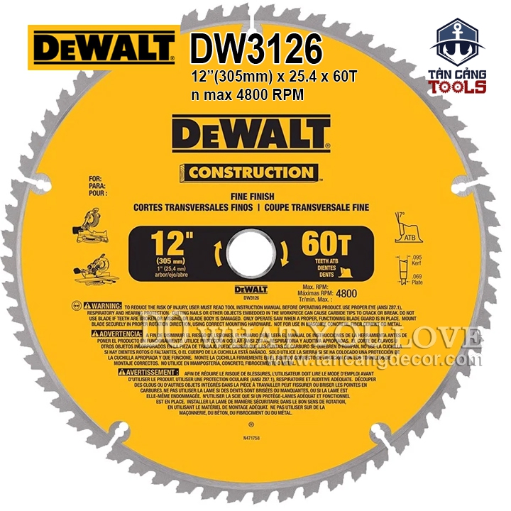 Lưỡi Cưa Gỗ Hợp Kim 305 x 25.4 mm x 60 T DeWalt DW3126