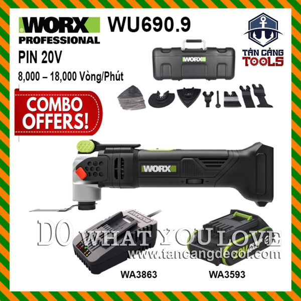Combo Máy Cắt Rung Đa Năng Dùng Pin 20V Worx WU690.1 ( Thân Máy, Pin 2.0ah, Sạc, Thùng )