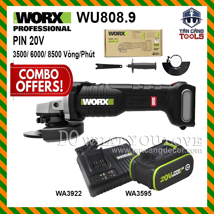 Combo Máy Mài Góc 100 mm Dùng Pin 20V Worx WU808.9 ( Thân Máy, Pin 4.0ah, Sạc Nhanh, Hộp Giấy )
