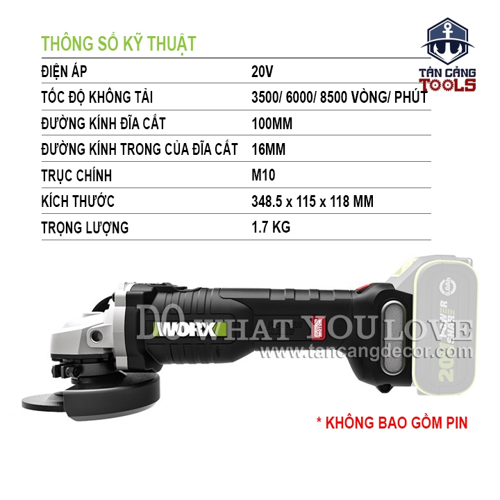 Combo Máy Mài Góc 100 mm Dùng Pin 20V Worx WU808.9 ( Thân Máy, Pin 4.0ah, Sạc Nhanh, Hộp Giấy ) - Ảnh 2