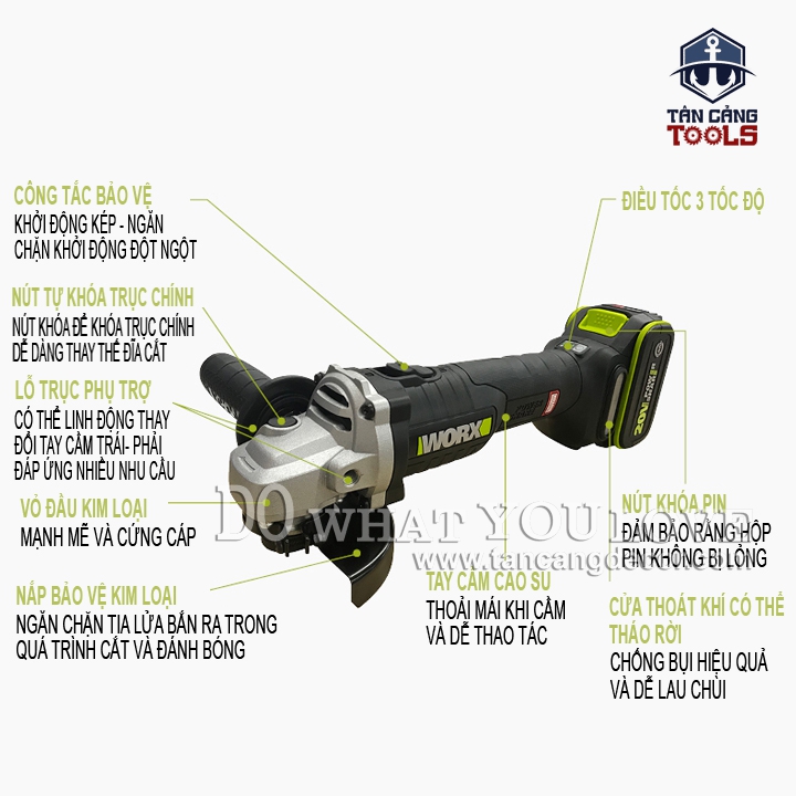 Combo Máy Mài Góc 100 mm Dùng Pin 20V Worx WU808.9 ( Thân Máy, Pin 4.0ah, Sạc Nhanh, Hộp Giấy ) - Ảnh 3