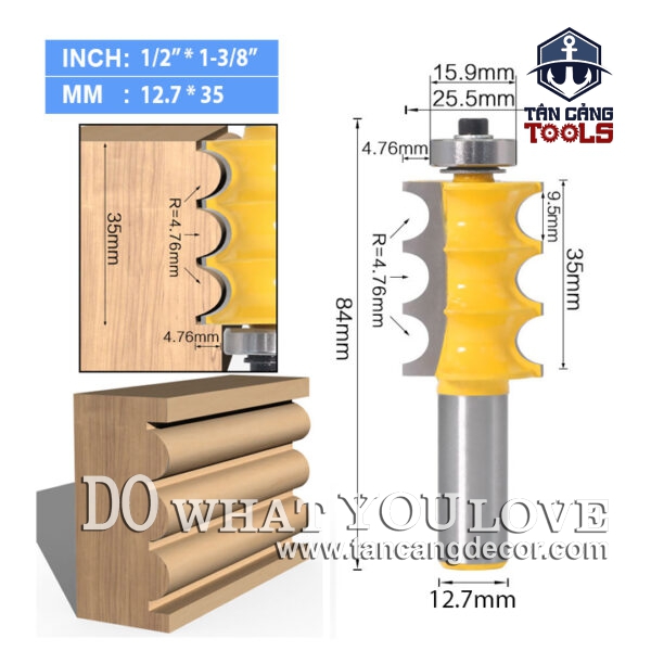 Mũi Router Đánh Phào Chỉ Lồi 3 Rãnh R.4.76 Cốt 12.7 mm