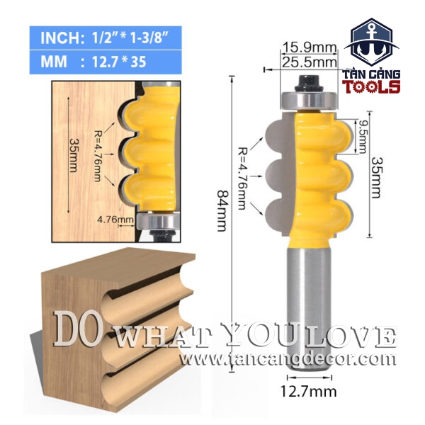 Mũi Router Đánh Phào Chỉ Lõm 3 Rãnh R.4.76 Cốt 12.7 mm