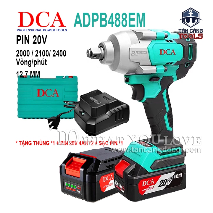 Combo Máy Siết Bu Lông Dùng Pin DCA 20V ADPB488EM 1/2 Inches ( Thân Máy, 2 Pin 4.0Ah, Sạc Pin, Thùng Nhựa )