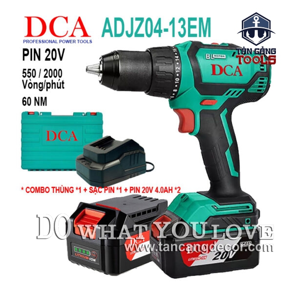 Combo Máy Khoan Vặn Vít Dùng Pin DCA 20V ADJZ04-13EM ( Thân Máy, 2 Pin 4.0Ah, Sạc Pin, Thùng Nhựa )