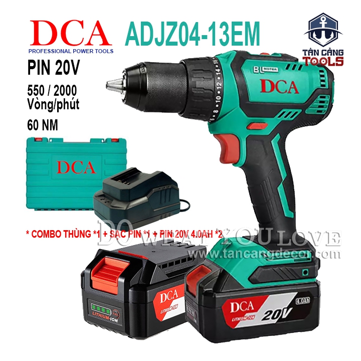 Combo Máy Khoan Vặn Vít Dùng Pin DCA 20V ADJZ04-13EM ( Thân Máy, 2 Pin 4.0Ah, Sạc Pin, Thùng Nhựa )