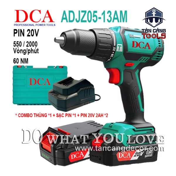 Combo Máy Khoan Động Lực Dùng Pin DCA 20V ADJZ05-13AM ( Thân Máy, 2 Pin 2.0Ah, Sạc Pin, Thùng Nhựa )