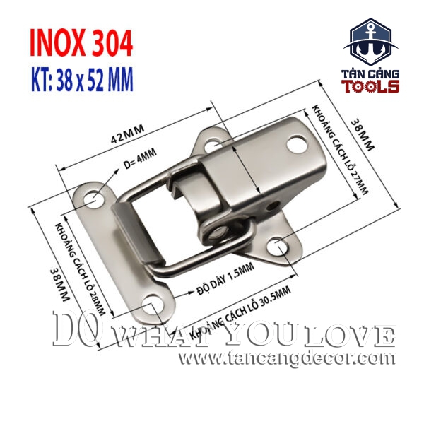 Khóa gài Inox 304 loại trơn Size XS 38 x 52 mm Dạng Máy Bay