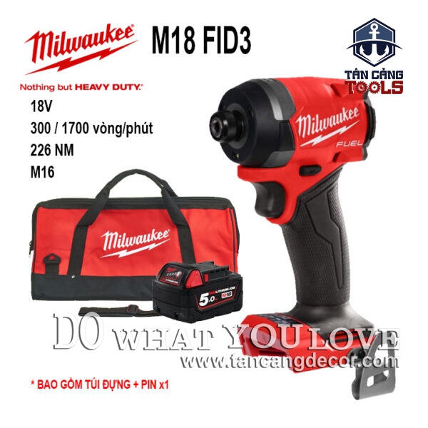 Máy Vặn Vít Dùng Pin Milwaukee M18 FID3 ( Thân Máy, Pin 5.0Ah, Túi Vải )