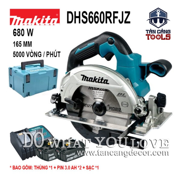 Combo Máy Cưa Đĩa 165mm Dùng Pin 18V Makita DHS600RFJ ( Thân Máy, 2 Pin 3.0Ah, Sạc Nhanh, Thùng )