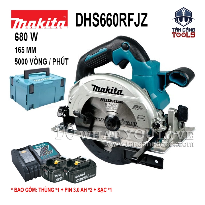 Combo Máy Cưa Đĩa 165mm Dùng Pin 18V Makita DHS600RFJ ( Thân Máy, 2 Pin 3.0Ah, Sạc Nhanh, Thùng )
