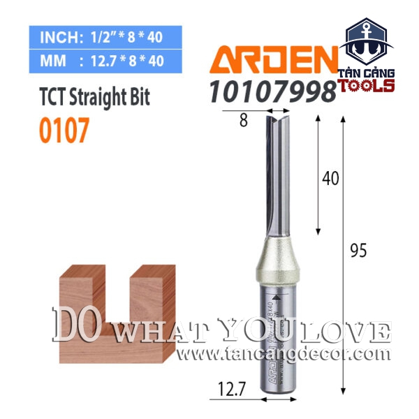 Mũi Router Arden CNC Móc Rãnh 8 x 40 mm Cốt 12.7 mm Arden 0107