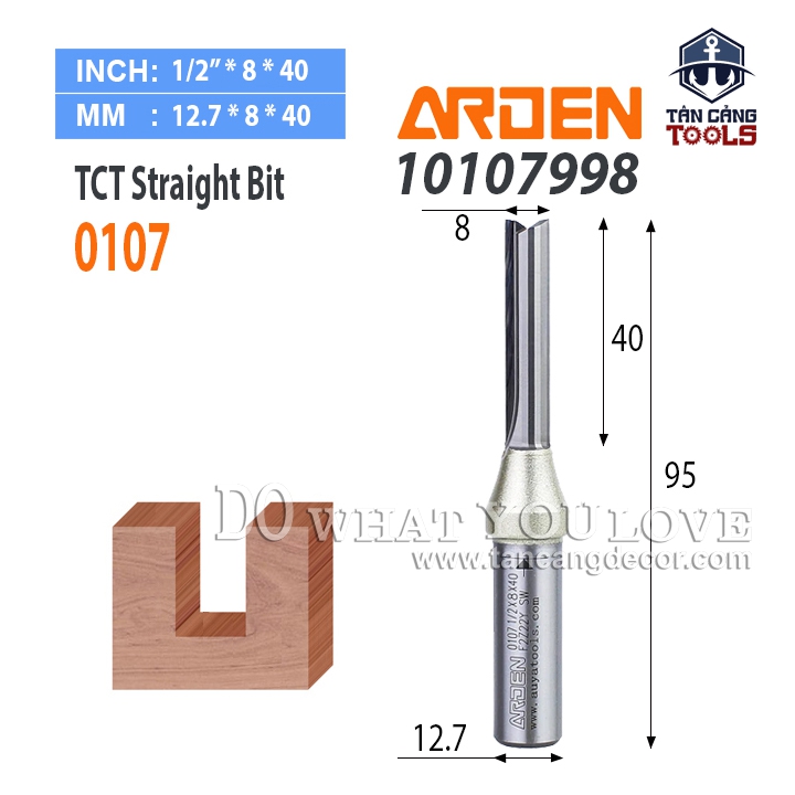 Mũi Router Arden CNC Móc Rãnh 8 x 40 mm Cốt 12.7 mm Arden 0107