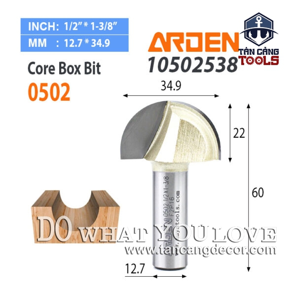 Mũi Router Arden Đánh Rãnh Tròn Góc 34.9 mm Cốt 12.7 mm Arden 0502