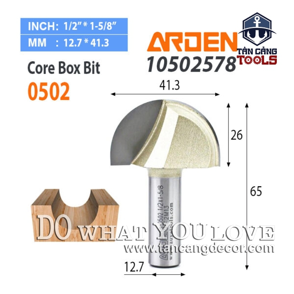 Mũi Router Arden Đánh Rãnh Tròn Góc 41.3 mm Cốt 12.7 mm Arden 0502