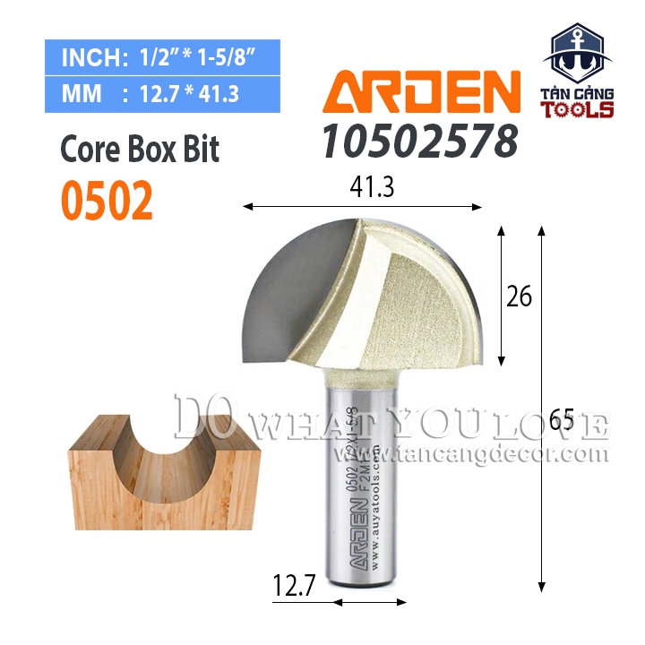 Mũi Router Arden Đánh Rãnh Tròn Góc 41.3 mm Cốt 12.7 mm Arden 0502
