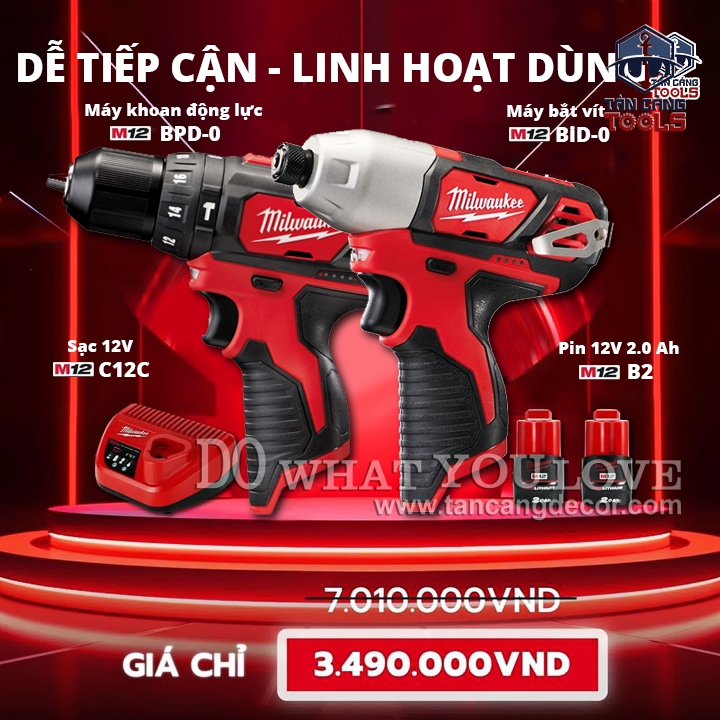 Combo Milwaukee BPD + FID2 BID M12 New Entry 1 ( 2 Pin, 1 Sạc, Găng Tay, Thước Móc Khóa 2 Mét )