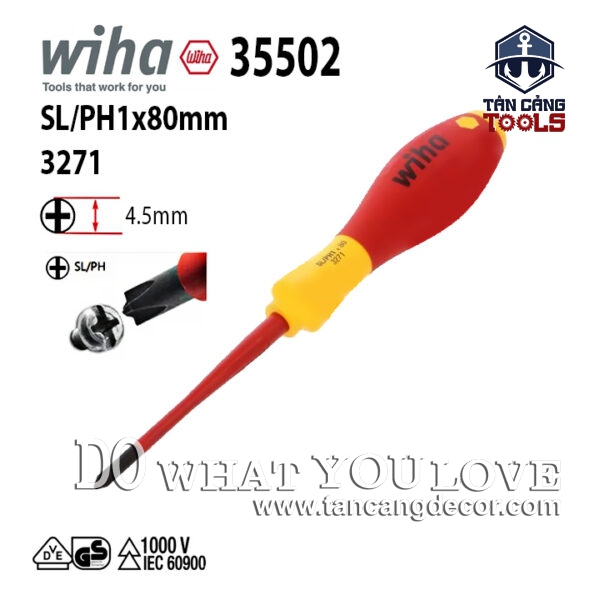 Tuốc Vít 4 Cạnh SL/PH1 80 mm Cách Điện 1000V Wiha 35502