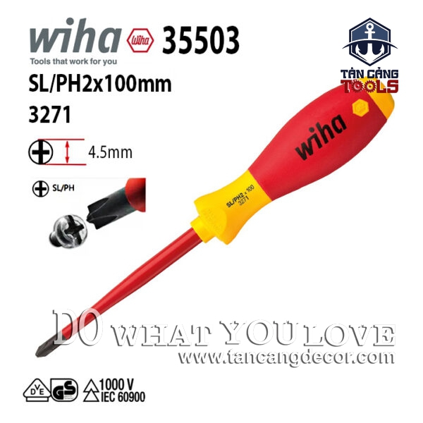 Tuốc Vít 4 Cạnh SL/PH2 100 mm Cách Điện 1000V Wiha 35503
