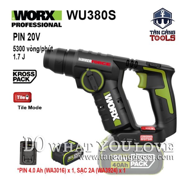 Combo Máy Khoan Bê Tông 2 Chế Độ Dùng Pin 20V Worx WU380S ( Thân Máy, 1 Pin 4.0Ah, 1 Sạc, Hộp Giấy )