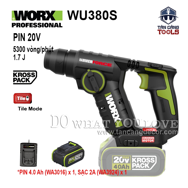 Combo Máy Khoan Bê Tông 2 Chế Độ Dùng Pin 20V Worx WU380S ( Thân Máy, 1 Pin 4.0Ah, 1 Sạc, Hộp Giấy )