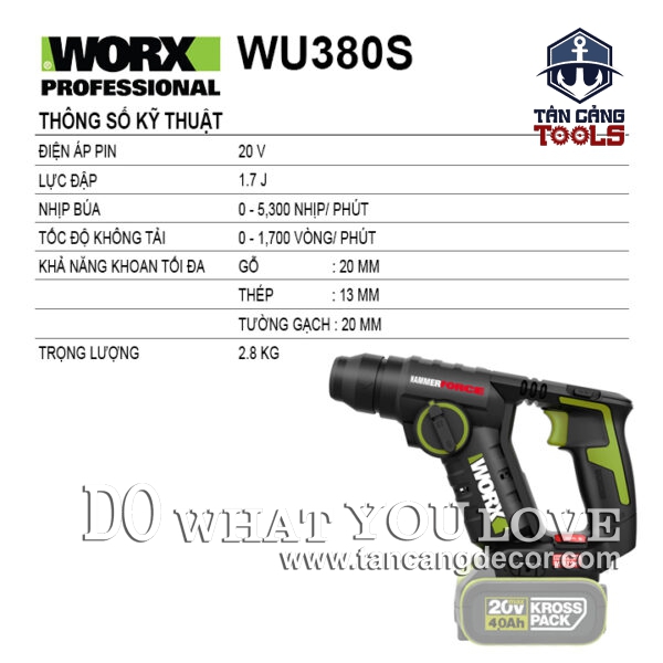 Alternative view of Combo Máy Khoan Bê Tông 2 Chế Độ Dùng Pin 20V Worx WU380S ( Thân Máy, 1 Pin 4.0Ah, 1 Sạc, Hộp Giấy )