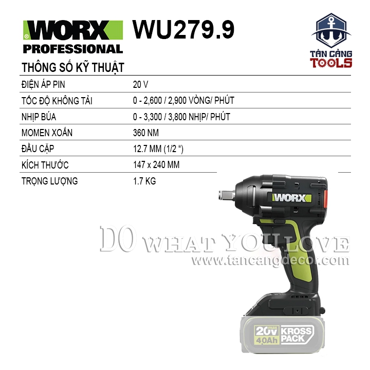 Máy Siết Bu Lông Dùng Pin 20V Worx WU279.9 1/2 Inches ( Thân Máy ) - Ảnh 2