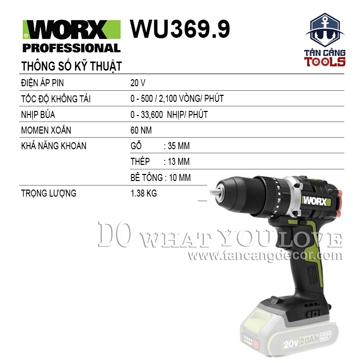 Combo Máy Khoan Động Lực Dùng Pin 20V Worx WU369 ( 2 Pin 2.0Ah, 1 Sạc, 1 Túi ) - Ảnh 2