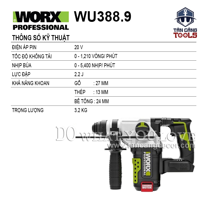 Máy Khoan Bê Tông Dùng Pin 20V Worx WU388.9 ( Thân Máy ) - Ảnh 2