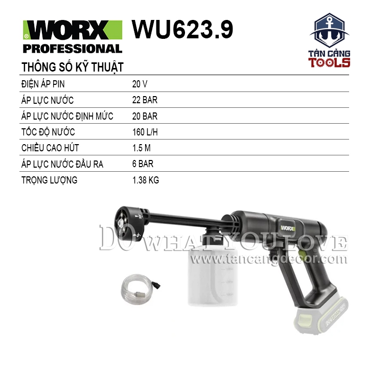 Máy Xịt Rửa Xe Dùng Pin 20V WORX WU623.9 ( Thân Máy ) - Ảnh 2