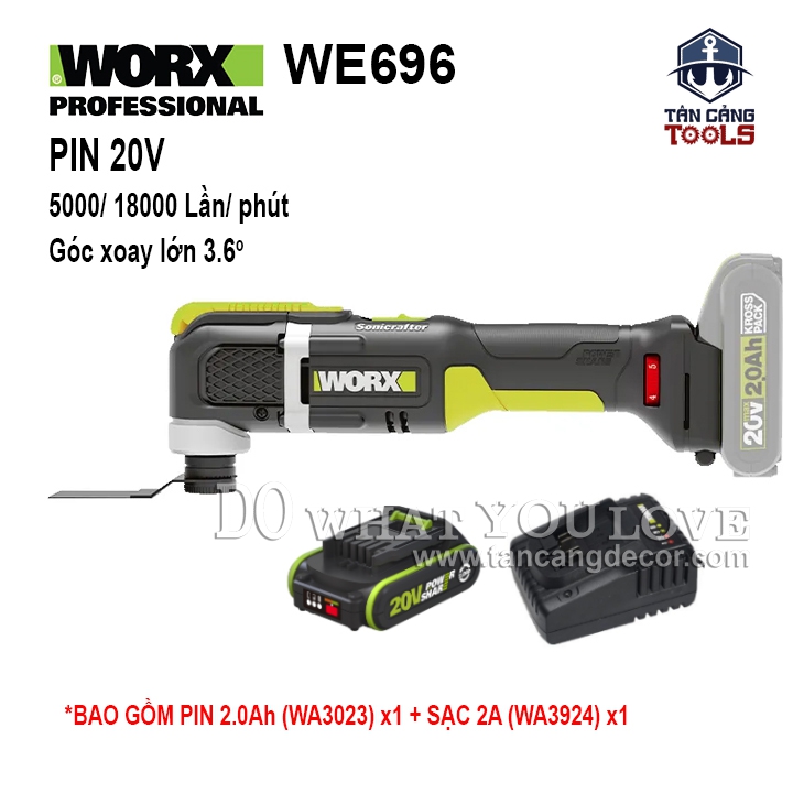 Combo Máy Cắt Rung Đa Năng Dùng Pin 20V Worx WE696 ( Thân Máy, 1 Pin 2.0Ah, 1 Sạc )