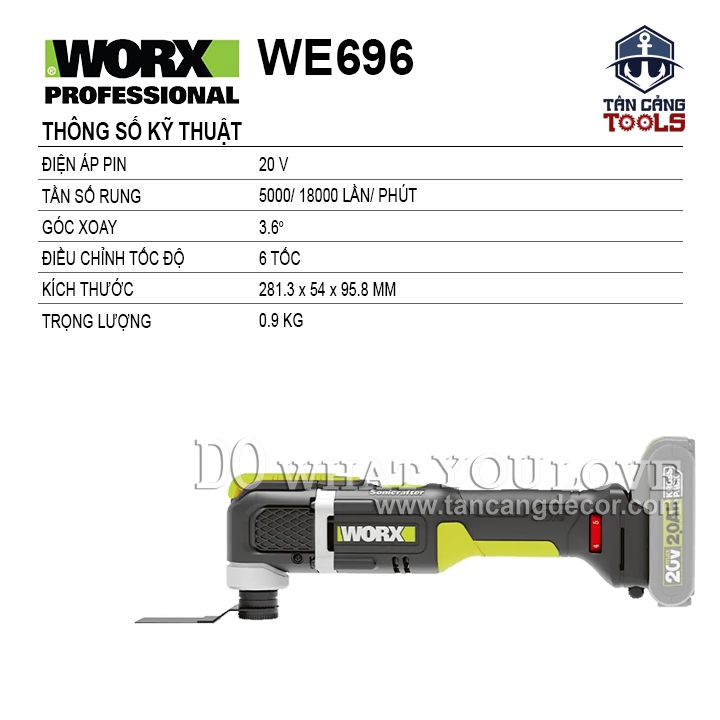 Combo Máy Cắt Rung Đa Năng Dùng Pin 20V Worx WE696 ( Thân Máy, 1 Pin 2.0Ah, 1 Sạc ) - Ảnh 2