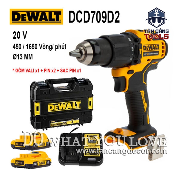 Combo Máy Khoan Động Lực Dùng Pin DeWalt 20V DCD709D2 ( Thân Máy, Thùng Nhựa, 1 Sạc, 2 Pin 2.0 Ah )