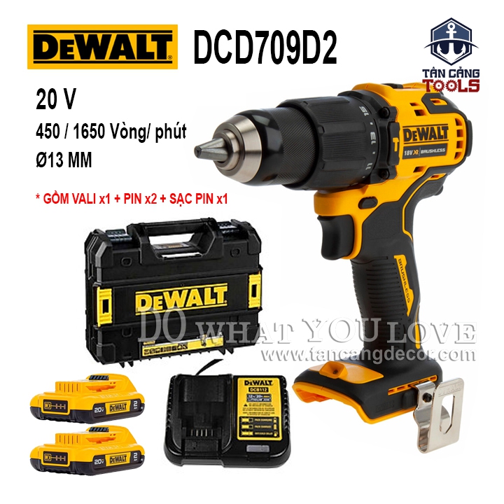 Combo Máy Khoan Động Lực Dùng Pin DeWalt 20V DCD709D2 ( Thân Máy, Thùng Nhựa, 1 Sạc, 2 Pin 2.0 Ah )