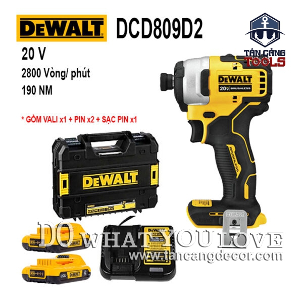 Combo Máy Vặn Vít Dùng Pin DeWalt 20V DCF809D2 ( Thân Máy, Thùng Nhựa, 1 Sạc, 2 Pin 2.0 Ah )
