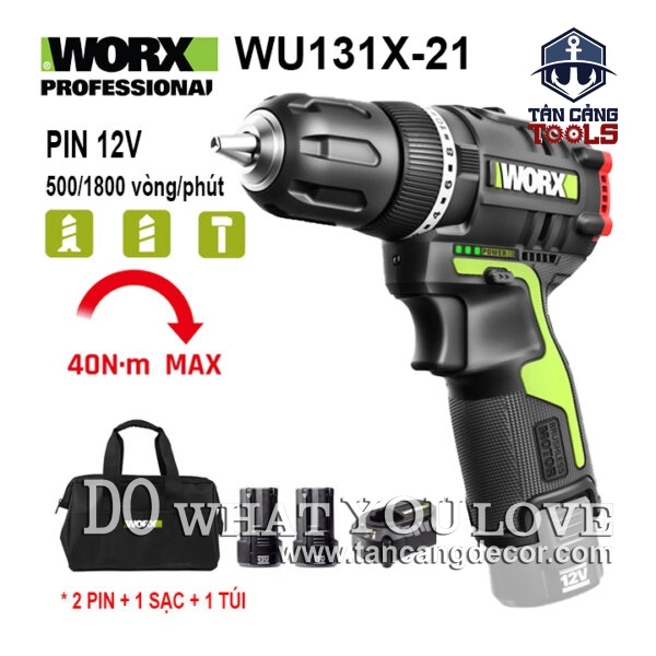 Combo Máy Khoan Động Lực Dùng Pin 12V Worx WU131X-21 ( Thân Máy, 2 Pin 2.0Ah, 1 Sạc, 1 Túi )