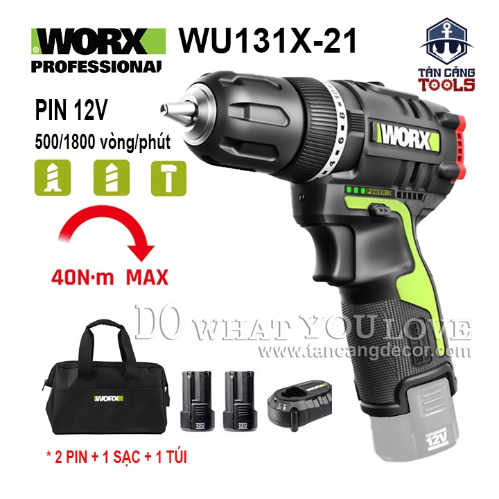Combo Máy Khoan Động Lực Dùng Pin 12V Worx WU131X-21 ( Thân Máy, 2 Pin 2.0Ah, 1 Sạc, 1 Túi )