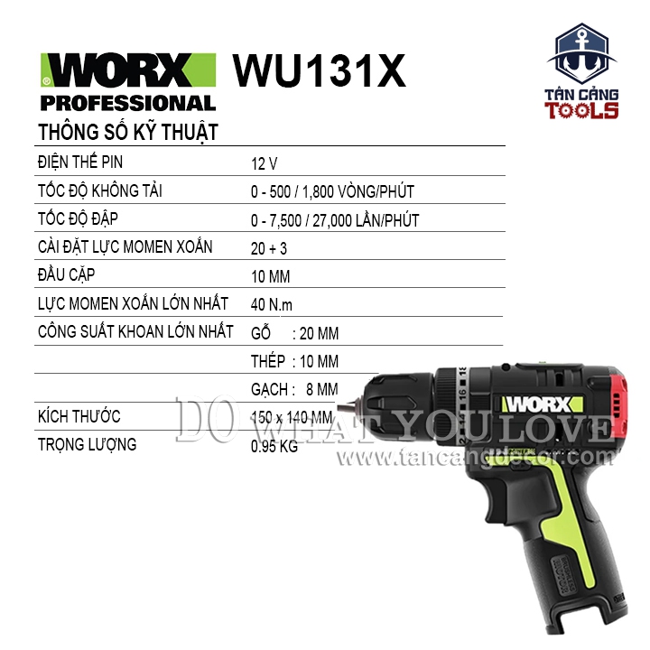 Combo Máy Khoan Động Lực Dùng Pin 12V Worx WU131X-11 ( Thân Máy, 1 Pin 2.0Ah, 1 Sạc, 1 Túi ) - Ảnh 2
