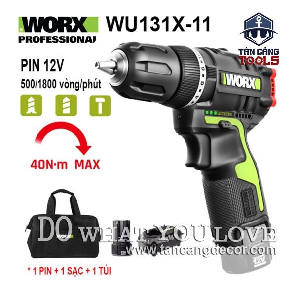 Combo Máy Khoan Động Lực Dùng Pin 12V Worx WU131X-11 ( Thân Máy, 1 Pin 2.0Ah, 1 Sạc, 1 Túi )