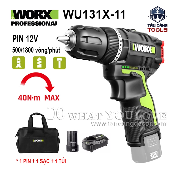 Combo Máy Khoan Động Lực Dùng Pin 12V Worx WU131X-11 ( Thân Máy, 1 Pin 2.0Ah, 1 Sạc, 1 Túi )