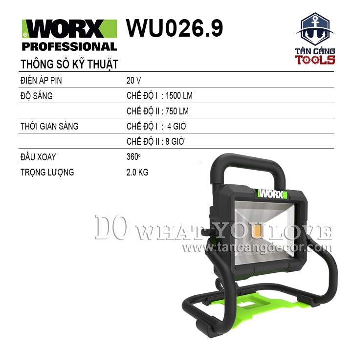 Đèn Led Công Trình Dùng Pin 20V Worx WU026.9 ( Thân Máy ) - Ảnh 2