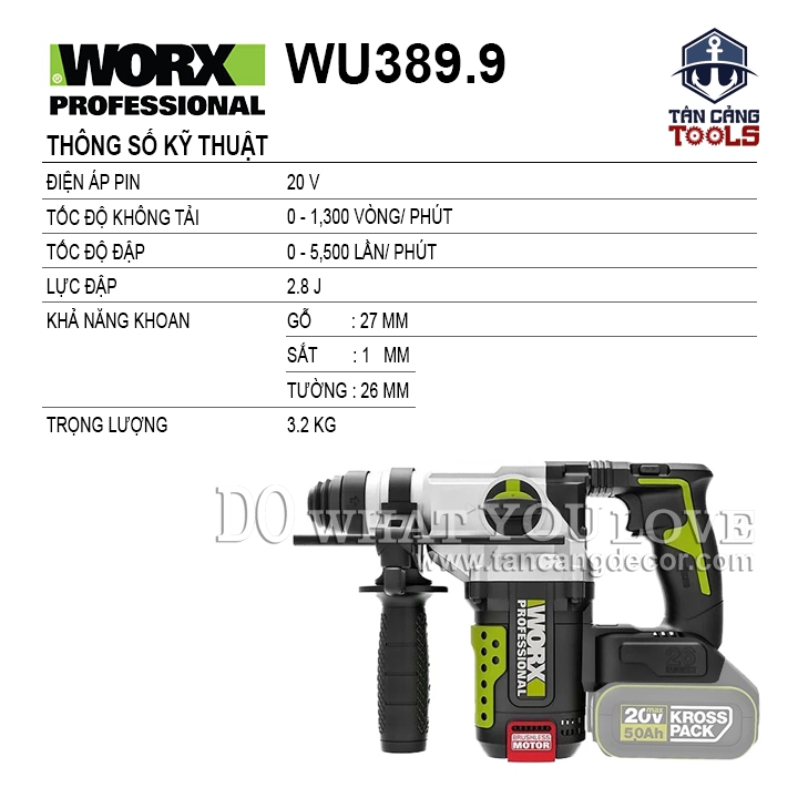 Máy Khoan Bê Tông Dùng Pin 20V Worx WU389.9 ( Thân Máy ) - Ảnh 2