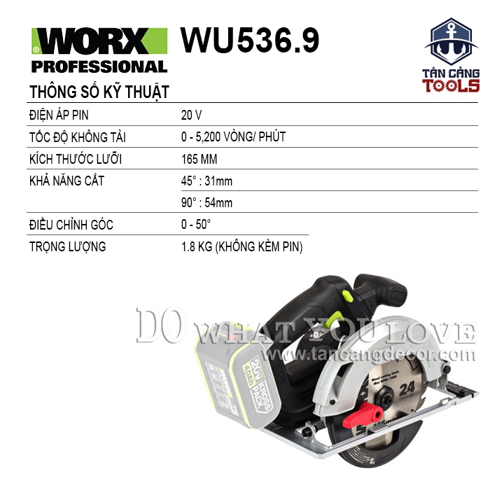Máy Cưa Đĩa Dùng Pin 165 mm 20V Worx WU536.9 ( Thân Máy ) - Ảnh 2