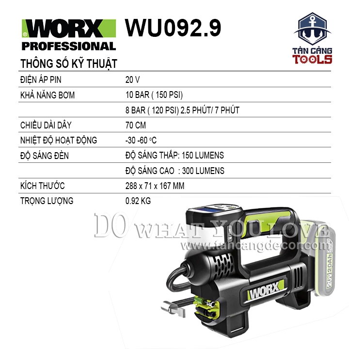 Máy Bơm Hơi Dùng Pin 20V Worx WU092.9 ( Thân Máy ) - Ảnh 2