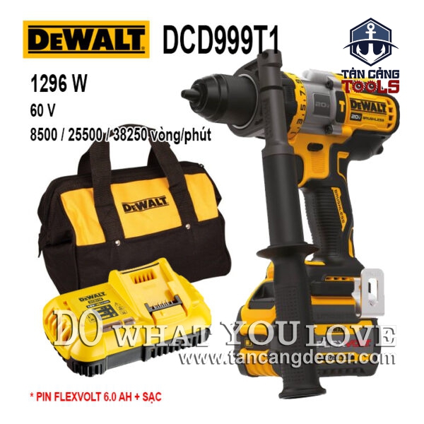 Combo Máy Khoan Động Lực Dùng Pin DeWalt 20V DCD999T1 ( Túi Vải, Thân Máy, Pin 6.0Ah, Sạc Nhanh )